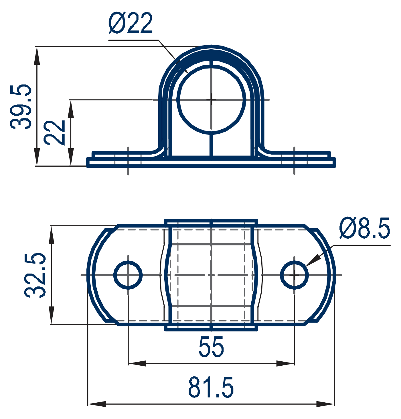 TUBE CLAMP WITH HALF NYLON BUSHES 32-22 - Technical drawing