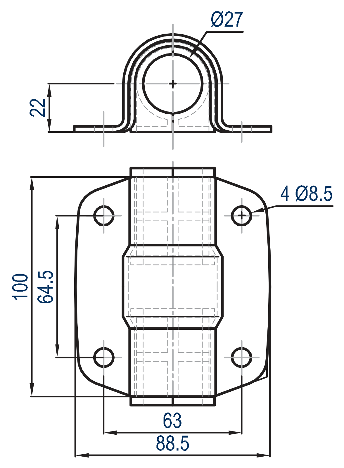 TUBE CLAMP WITH HALF NYLON BUSHES 100-27 - Technical drawing