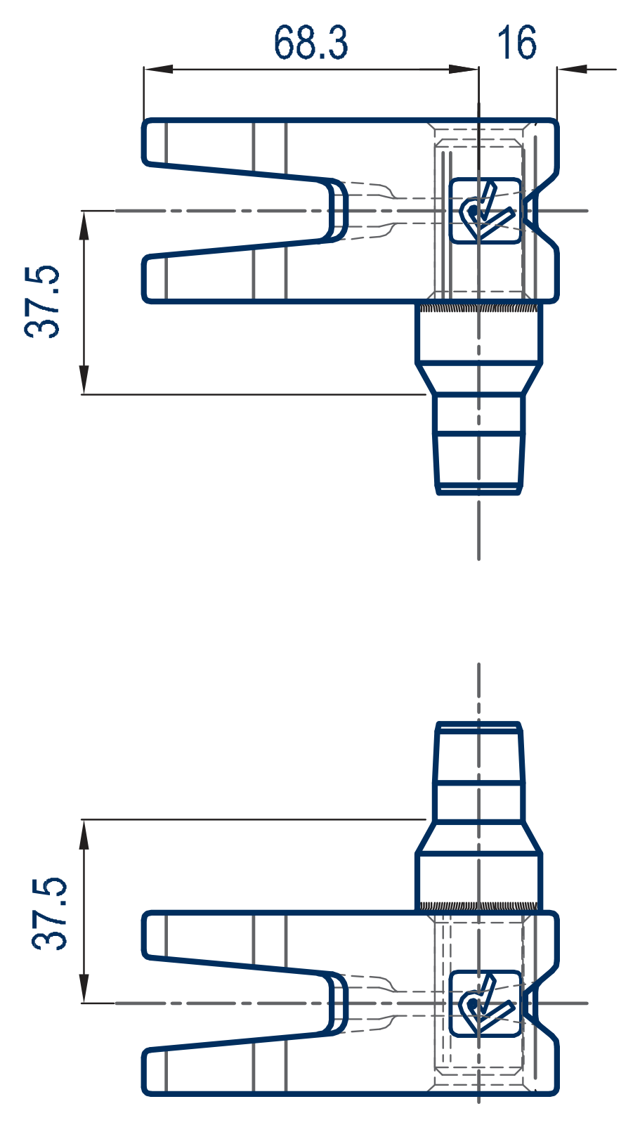 LONG DOUBLE FINGER CAM WITH SHORT SHANK RIGHT HAND - Technical drawing