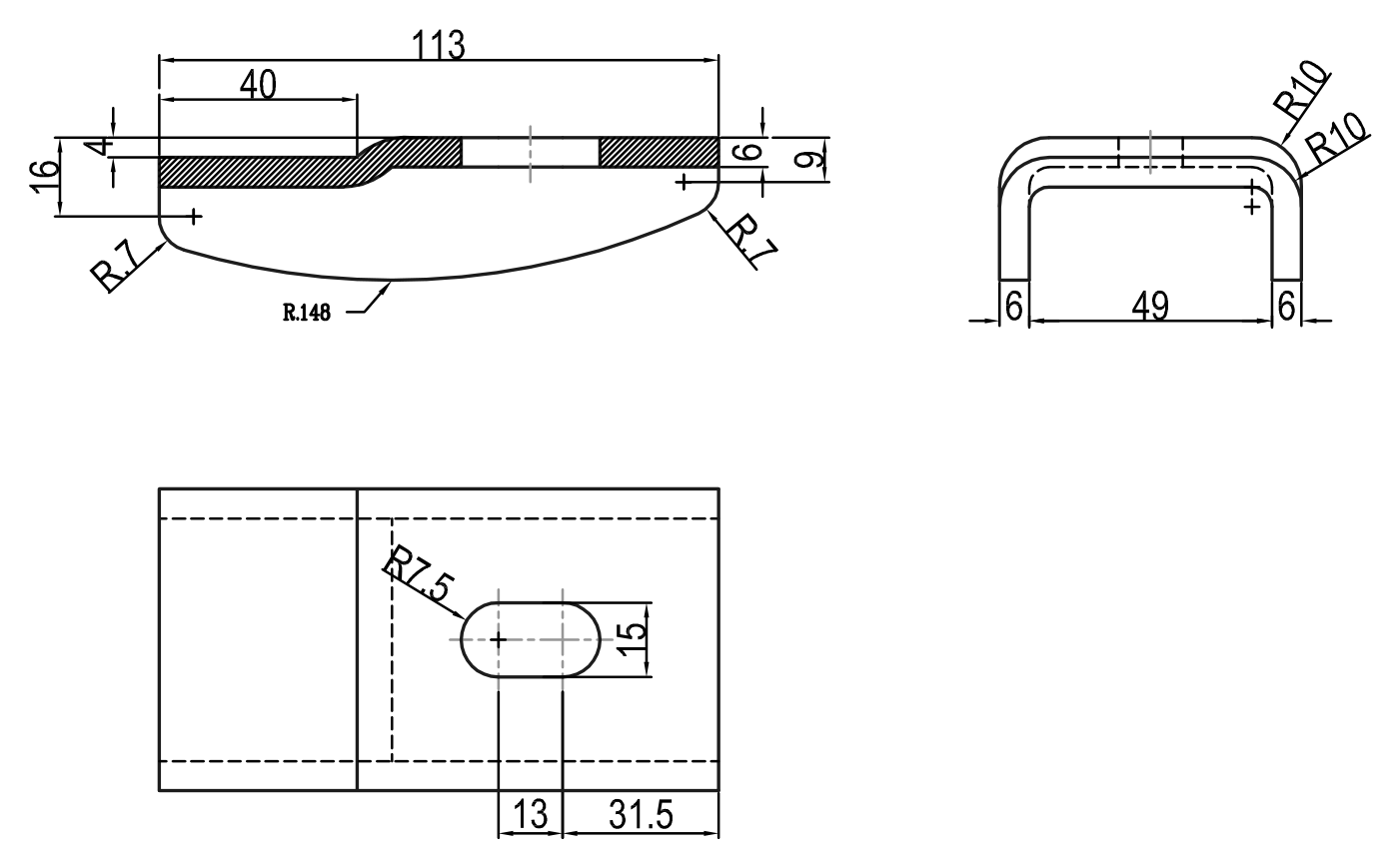 CHASSIS BRACKET H4 GROOVE 15X13 CI - Technical drawing