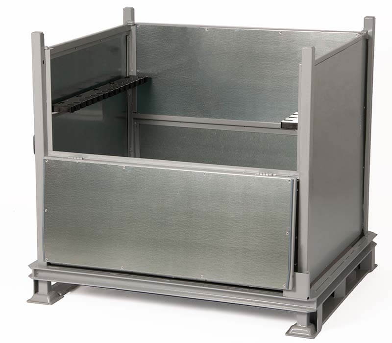 Product shot of a metal transport container with a drop-front